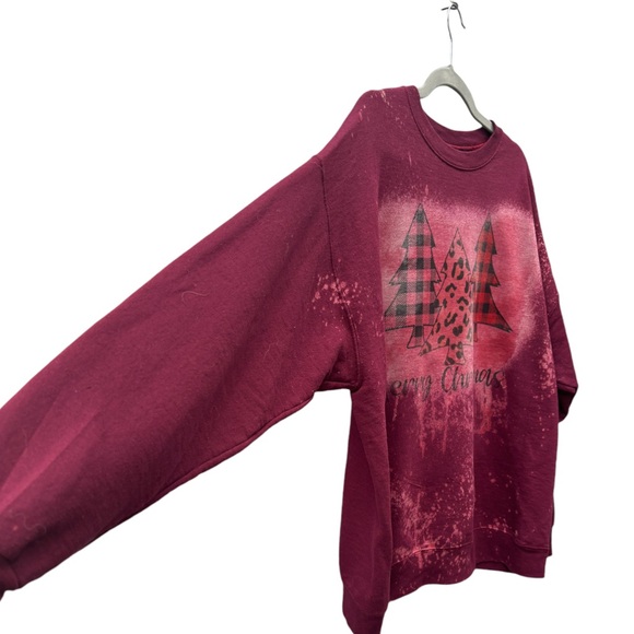 “Merry Christmas” Bleach Dyed Women’s XL Burgundy Crew Neck Sweatshirt - Picture 3 of 6